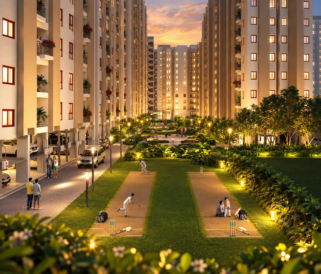 Residents playing on the community lawns between the Solaris towers